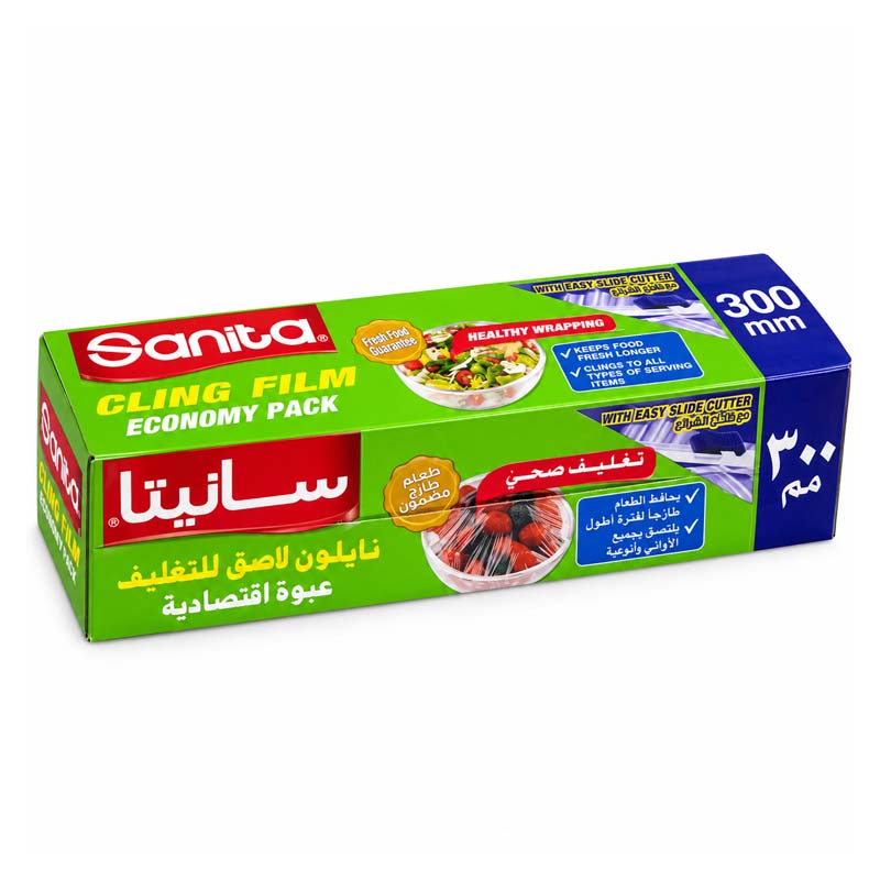نايلون لاصق لتغليف وحفظ الطعام من سانيتا Sanita Cling Film – عبوة اقتصادية بعرض 300 مم (30 سم) مع قاطع سهل الانزلاق ا