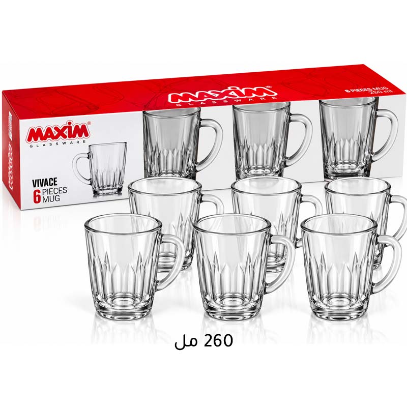 طقم كاسات زجاج ماكسيم Maxim موديل فيفاس Vivace - سعة 260 مل - 6 حبات بمقابض جانبية وتصميم مزخرف