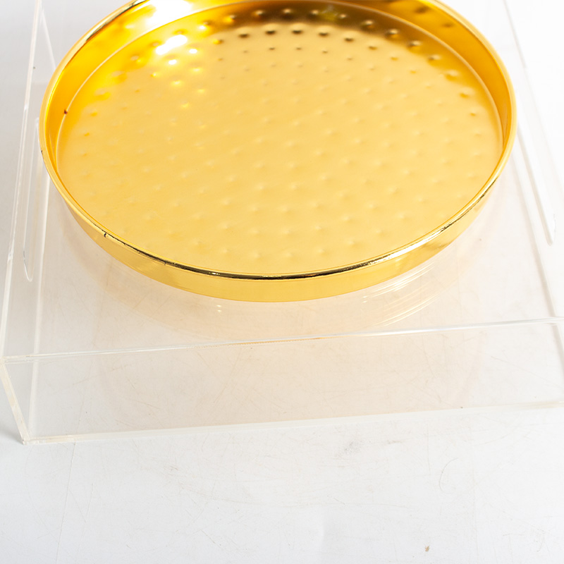 صحن تقديم حلا دائري ذهبي بشيال اكريلك مربع